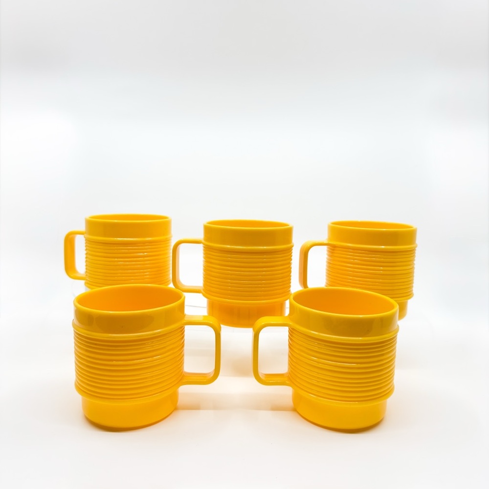 Vintage Rubbermaid Yellow Ribbed Mugs • Set of 5 • Model 3819 • Retro 1960s